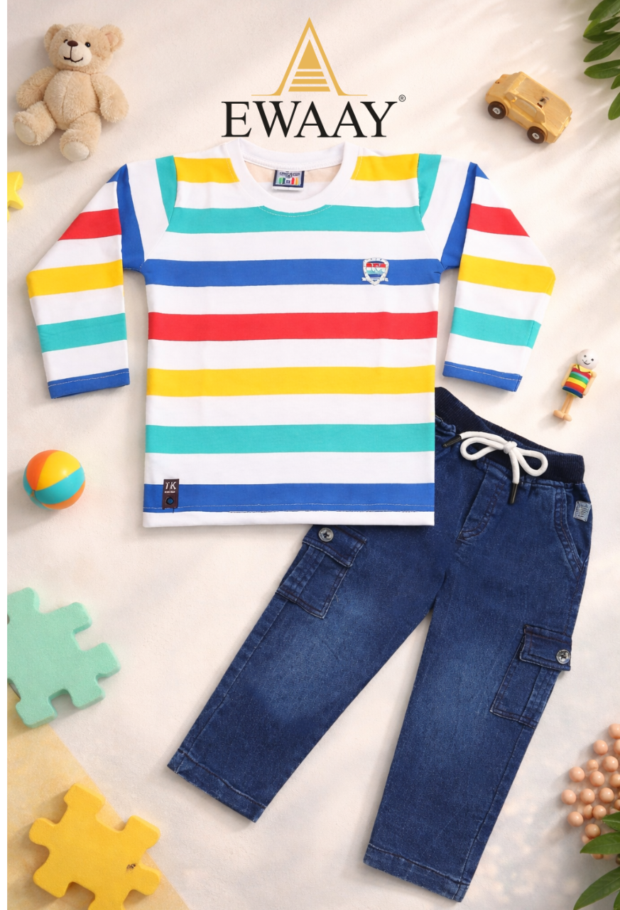 EWAAY Kids Multicolor Striped T-Shirt & Denim Cargo Pants Set