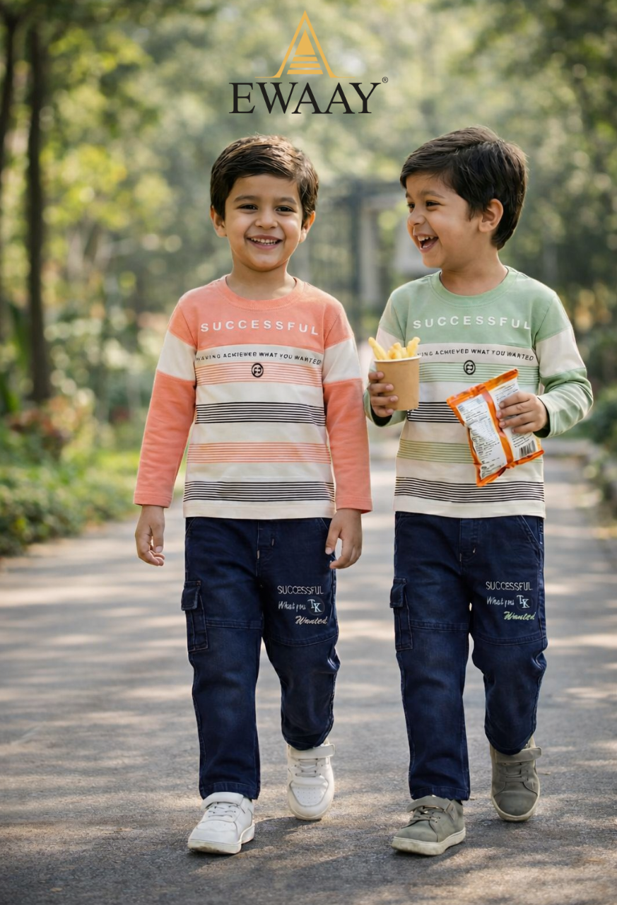 EWAAY Kids “Successful” Striped T-Shirt & Denim Cargo Pants Set