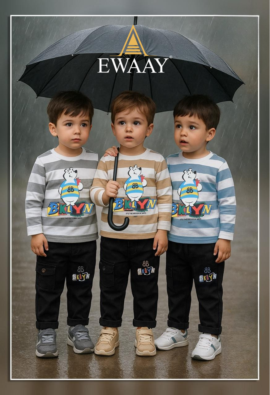 EWAAY Kids Premium Brooklyn Bear Collection: Striped Tee and Cargo Pants Set