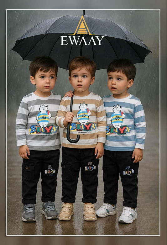 EWAAY Kids Premium Brooklyn Bear Collection: Striped Tee and Cargo Pants Set